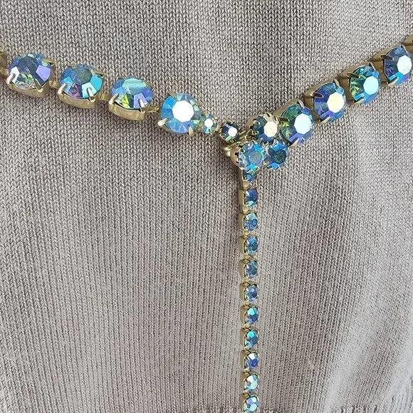 Vintage Blue Aurora Borealis Rhinestone Lariat Necklace or Belt 29-37" - Picture 4 of 7